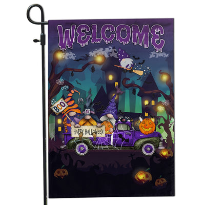 Gnomes Witch Halloween Flag Pumpkins Trick or Treat Gnomes Purple Pickup Truck Spooky Witch Cat Welcome Home | siriusteestore