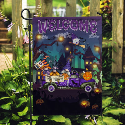 Gnomes Witch Halloween Flag Pumpkins Trick or Treat Gnomes Purple Pickup Truck Spooky Witch Cat Welcome Home | siriusteestore