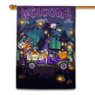 Gnomes Witch Halloween Flag Pumpkins Trick or Treat Gnomes Purple Pickup Truck Spooky Witch Cat Welcome Home | siriusteestore