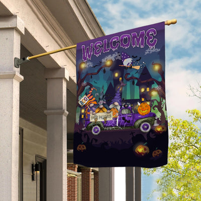 Gnomes Witch Halloween Flag Pumpkins Trick or Treat Gnomes Purple Pickup Truck Spooky Witch Cat Welcome Home | siriusteestore