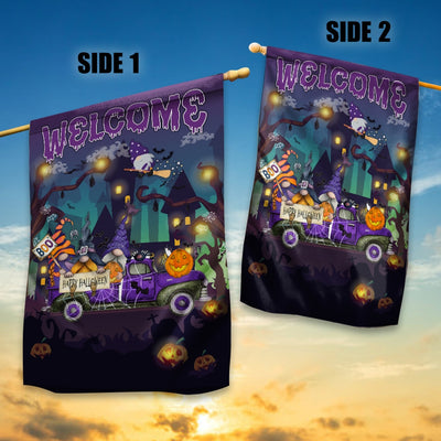 Gnomes Witch Halloween Flag Pumpkins Trick or Treat Gnomes Purple Pickup Truck Spooky Witch Cat Welcome Home | siriusteestore