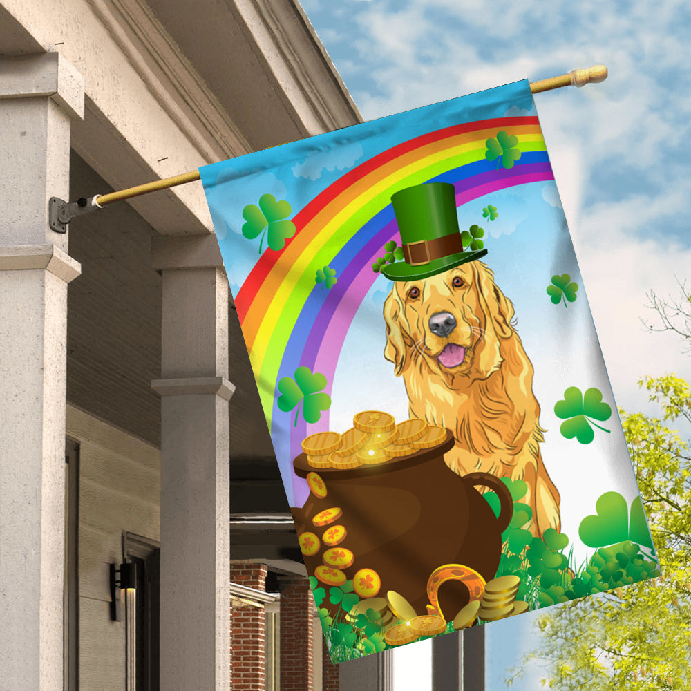 Golden Retriever St Patrick's Day Dog Flag Funny Peeking Dog Wear Green Hat Golden Pot Coin Shamrock Rainbow Spring Banner for Home Decor | siriusteestore