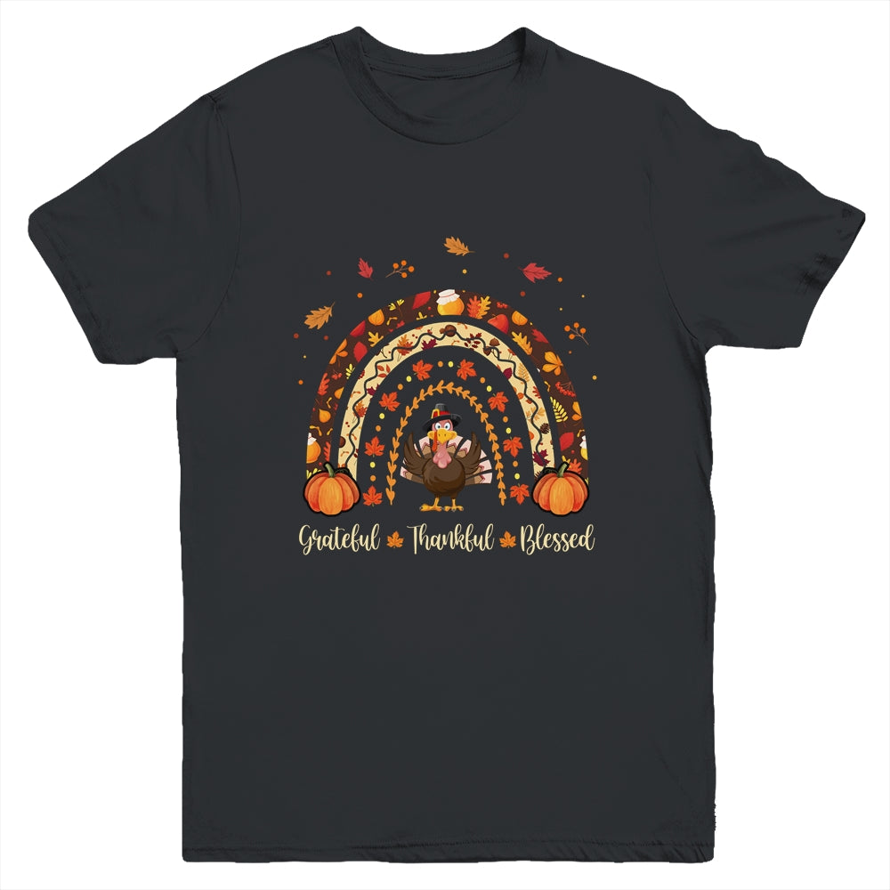 Grateful Thankful Blessed Rainbow Gobble Turkey Thanksgiving Youth Shirt | siriusteestore