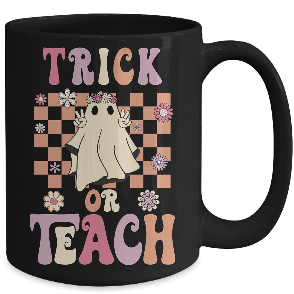 Groovy Halloween Teacher Floral Ghost Trick Or Teach Cute Mug | siriusteestore