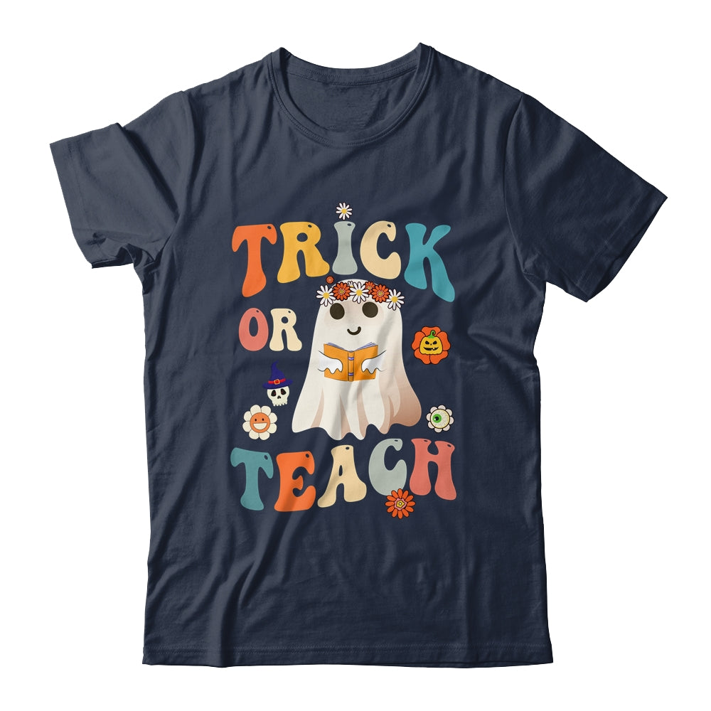 Groovy Halloween Trick or Teach Retro Floral Ghost Teacher Shirt & Tank Top | siriusteestore