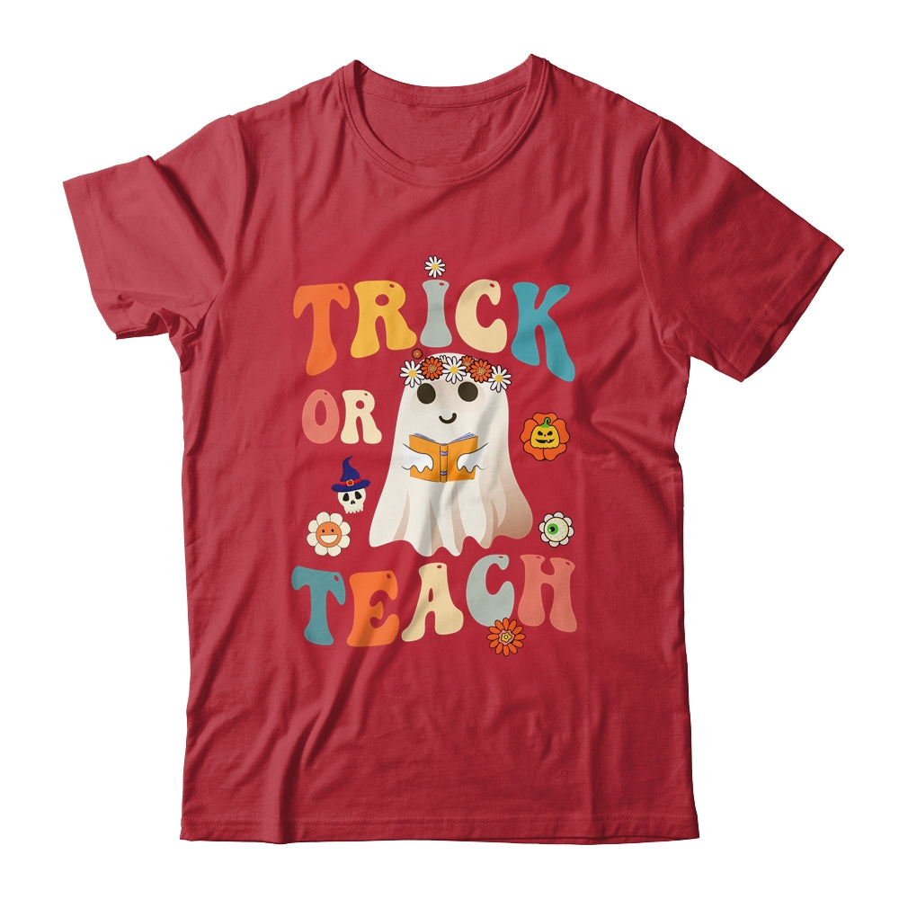 Groovy Halloween Trick or Teach Retro Floral Ghost Teacher Shirt & Tank Top | siriusteestore