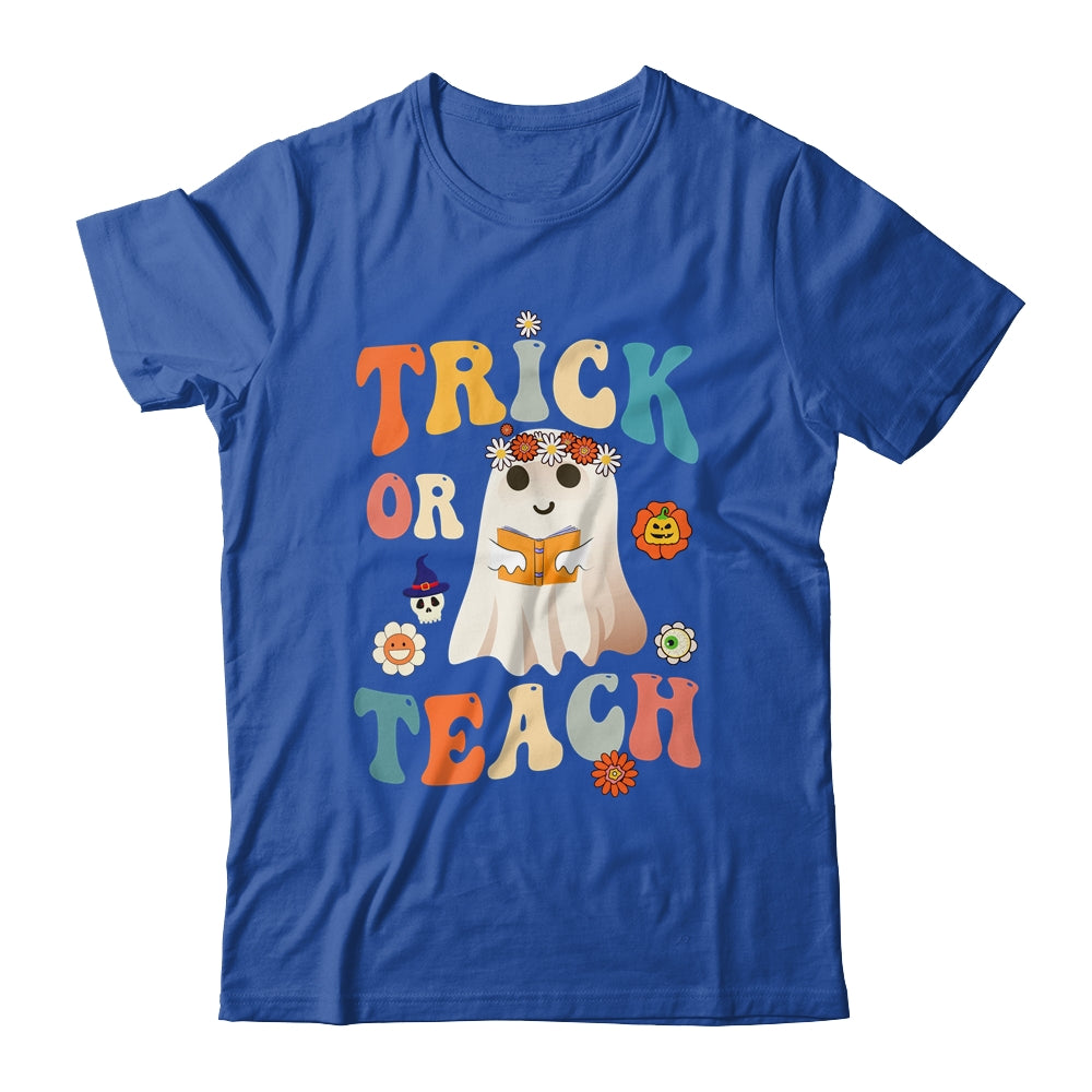 Groovy Halloween Trick or Teach Retro Floral Ghost Teacher Shirt & Tank Top | siriusteestore