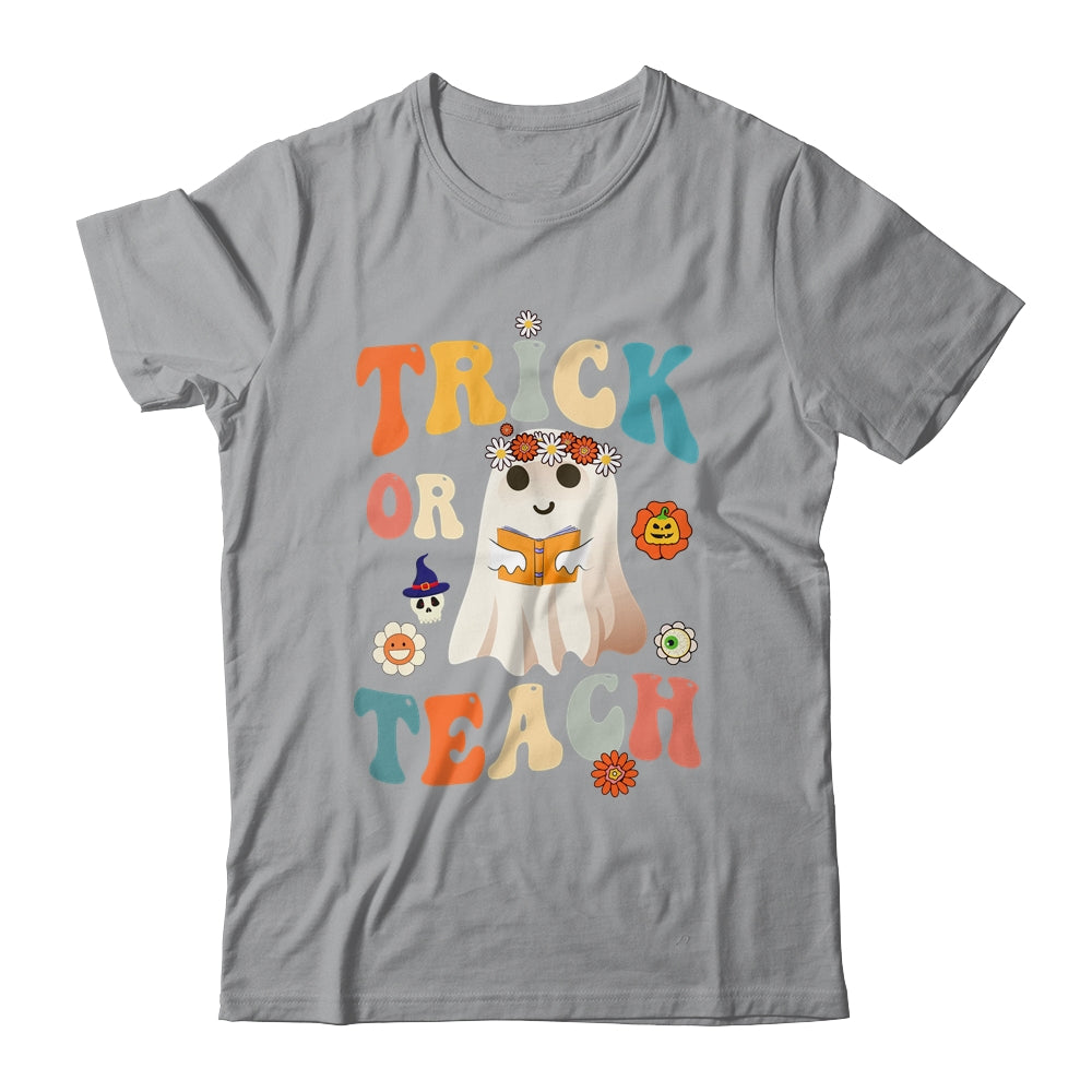 Groovy Halloween Trick or Teach Retro Floral Ghost Teacher Shirt & Tank Top | siriusteestore