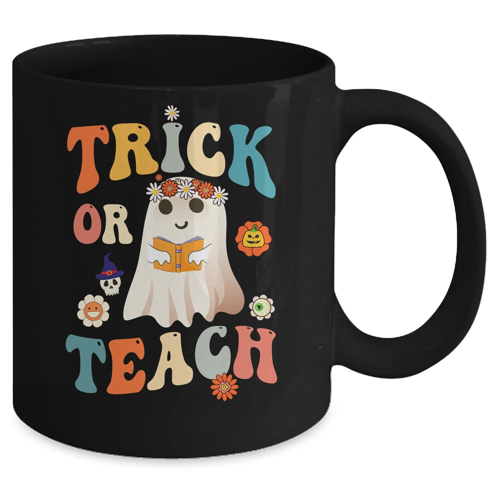 Groovy Halloween Trick or Teach Retro Floral Ghost Teacher Mug | siriusteestore