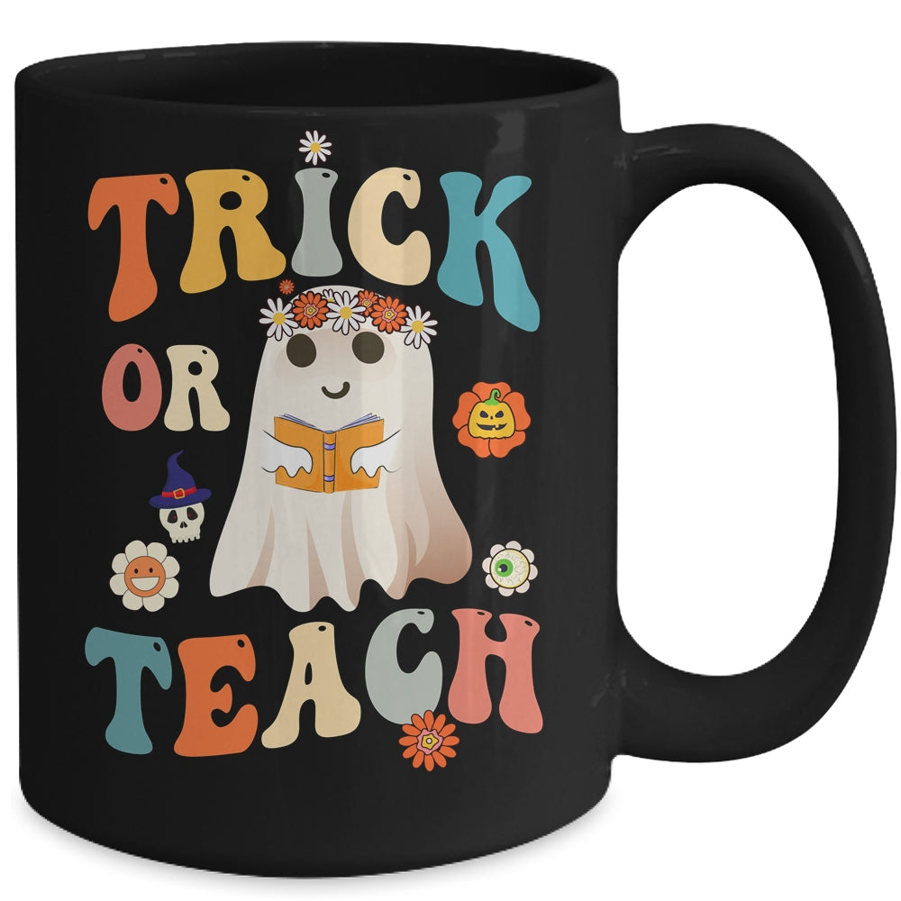Groovy Halloween Trick or Teach Retro Floral Ghost Teacher Mug | siriusteestore
