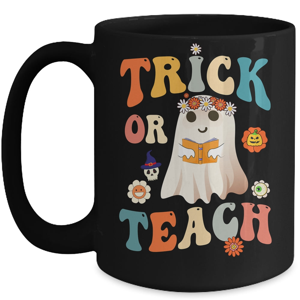 Groovy Halloween Trick or Teach Retro Floral Ghost Teacher Mug | siriusteestore
