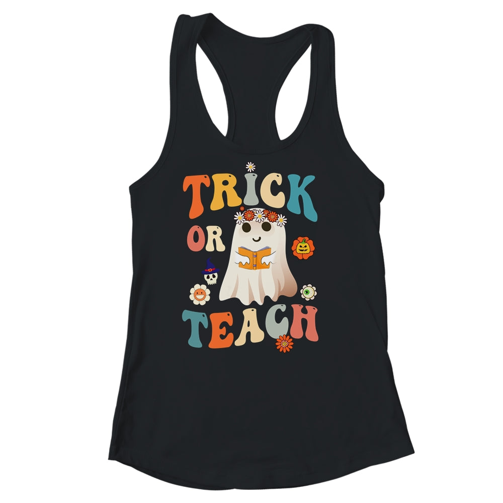 Groovy Halloween Trick or Teach Retro Floral Ghost Teacher Shirt & Tank Top | siriusteestore