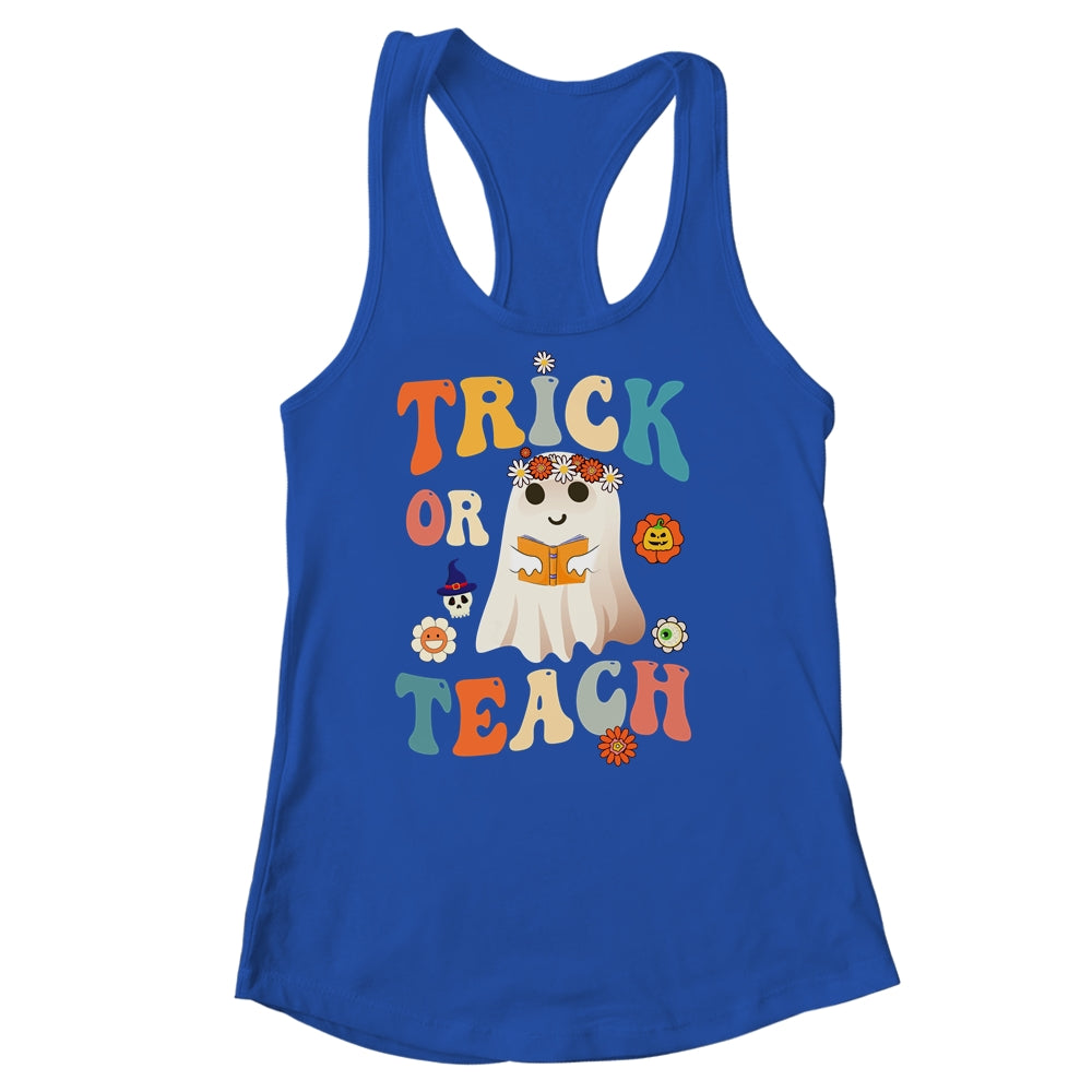 Groovy Halloween Trick or Teach Retro Floral Ghost Teacher Shirt & Tank Top | siriusteestore