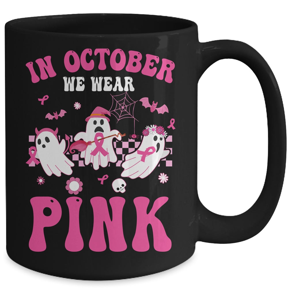 Groovy Wear Pink Breast Cancer Warrior Ghost Halloween Mug | siriusteestore