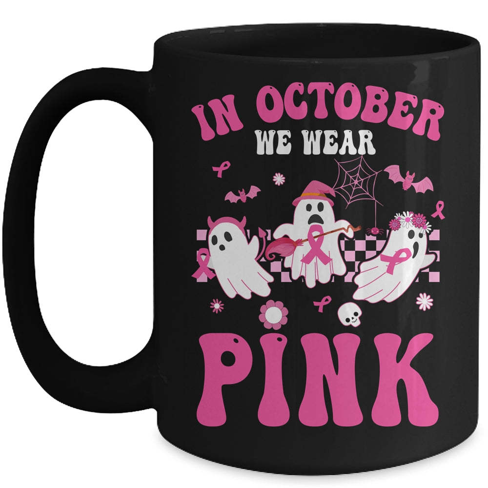 Groovy Wear Pink Breast Cancer Warrior Ghost Halloween Mug | siriusteestore