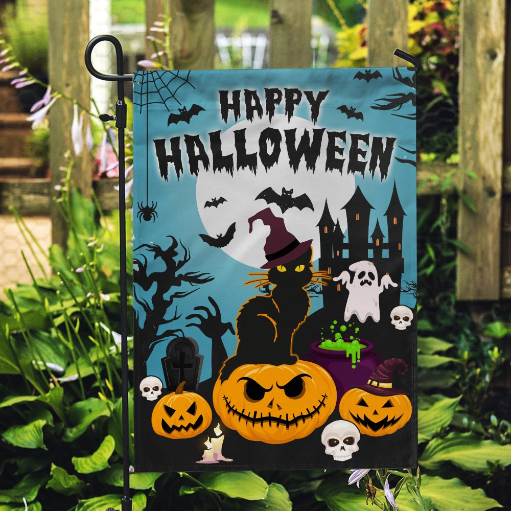 Halloween Welcome Flag Pumpkins Ghosts Black Cats Autumn | siriusteestore