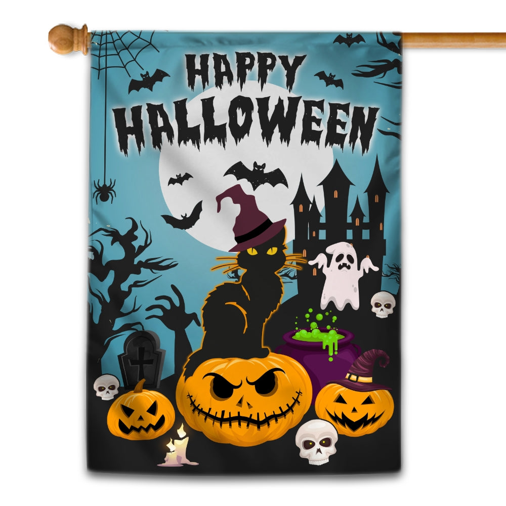 Halloween Welcome Flag Pumpkins Ghosts Black Cats Autumn | siriusteestore
