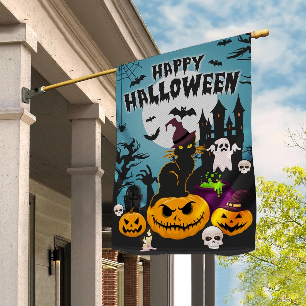 Halloween Welcome Flag Pumpkins Ghosts Black Cats Autumn | siriusteestore