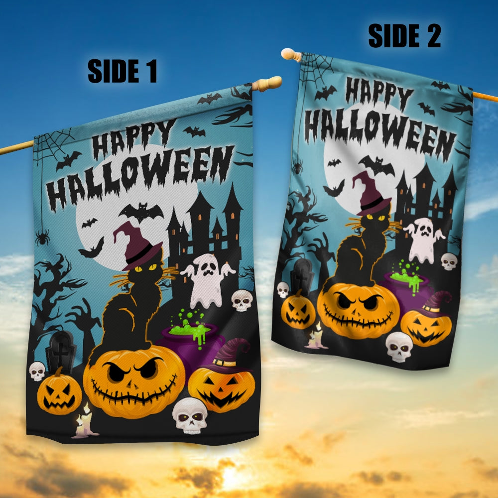 Halloween Welcome Flag Pumpkins Ghosts Black Cats Autumn | siriusteestore
