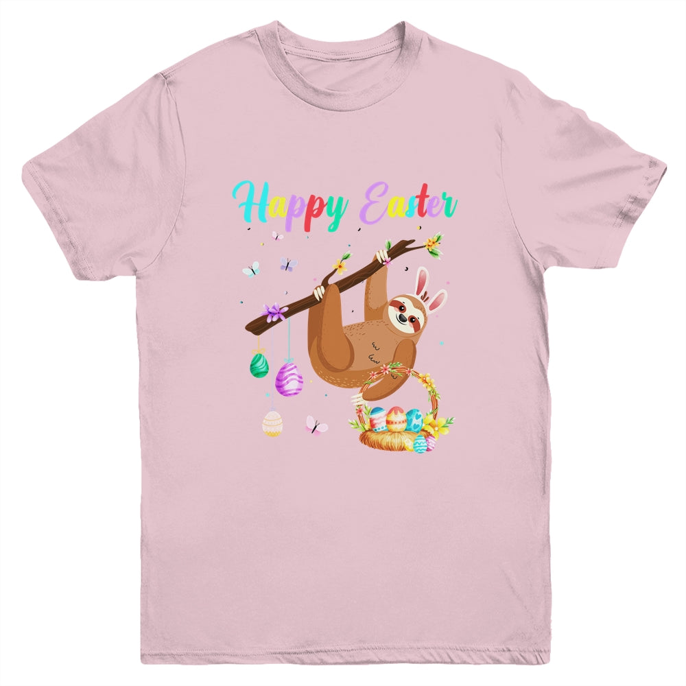 Happy Cute Sloth With Bunny Ears Egg Hunting Easter Sloth Youth Shirt | siriusteestore