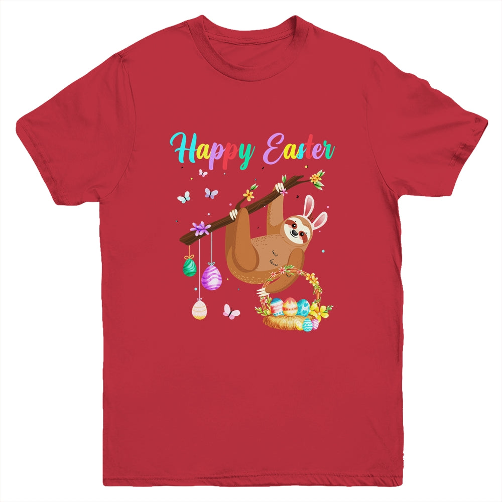 Happy Cute Sloth With Bunny Ears Egg Hunting Easter Sloth Youth Shirt | siriusteestore