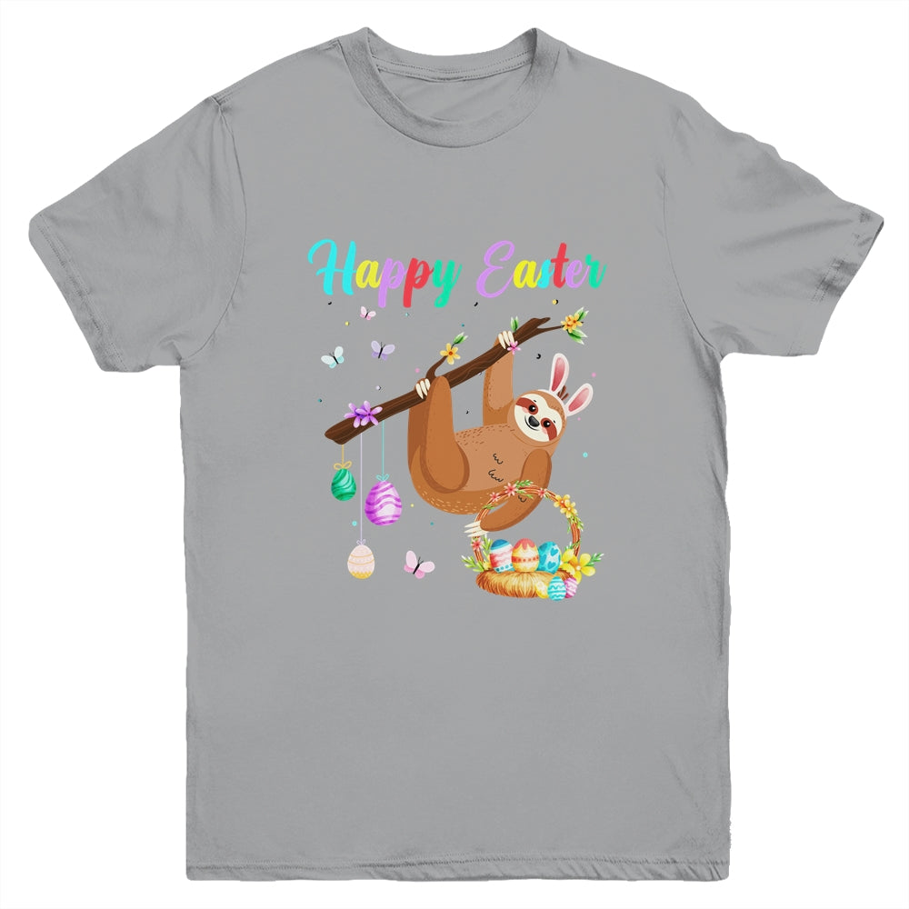 Happy Cute Sloth With Bunny Ears Egg Hunting Easter Sloth Youth Shirt | siriusteestore