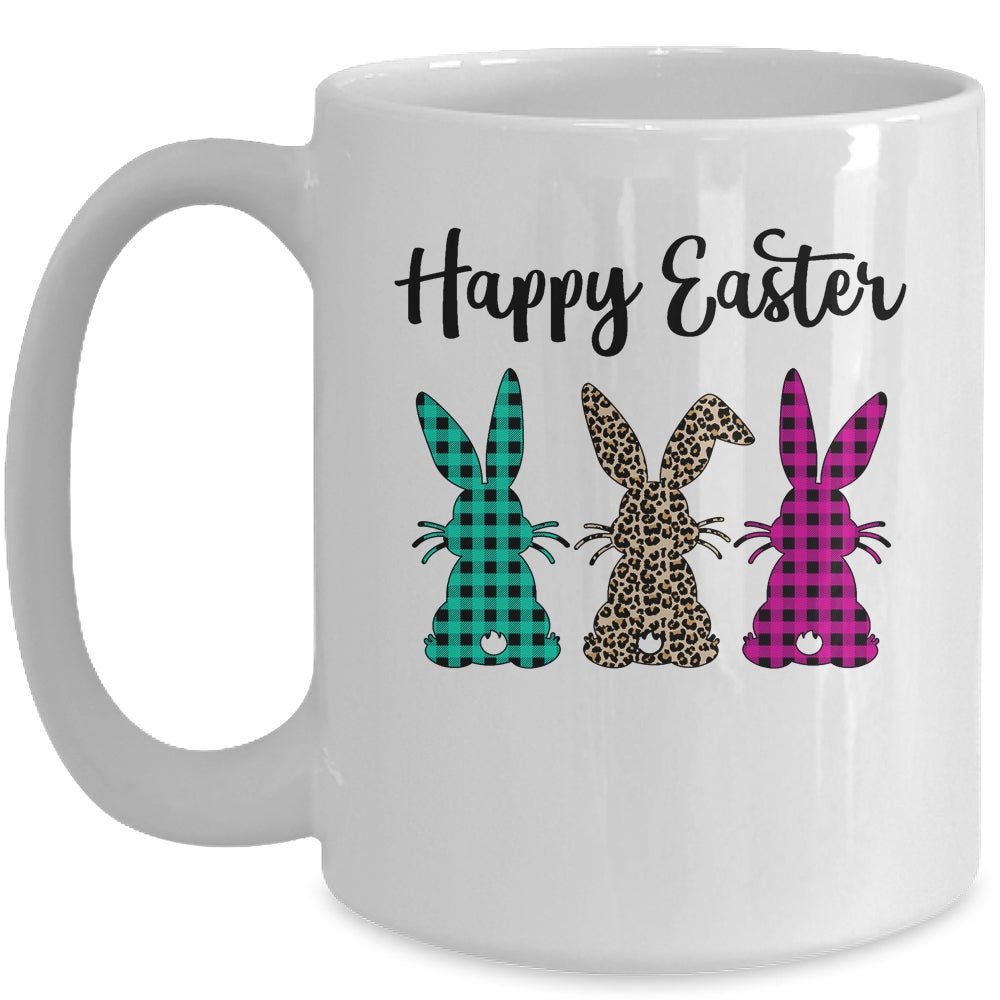 Happy Easter Buffalo Plaid Leopard Print Easter Bunnies Mug | siriusteestore