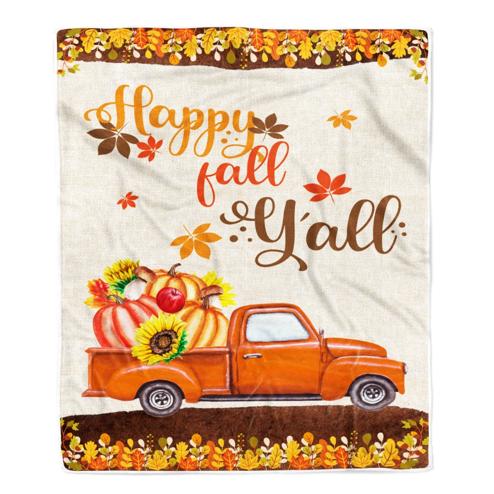 Happy Fall Y'all Autumn Thanksgiving Truck with Pumpkin and Retro Fleece Blanket | siriusteestore