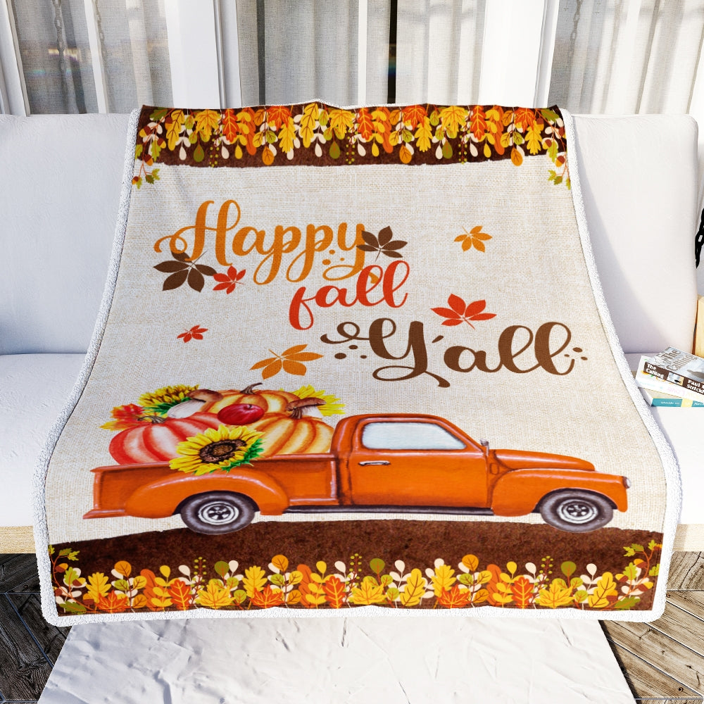 Happy Fall Y'all Autumn Thanksgiving Truck with Pumpkin and Retro Fleece Blanket | siriusteestore