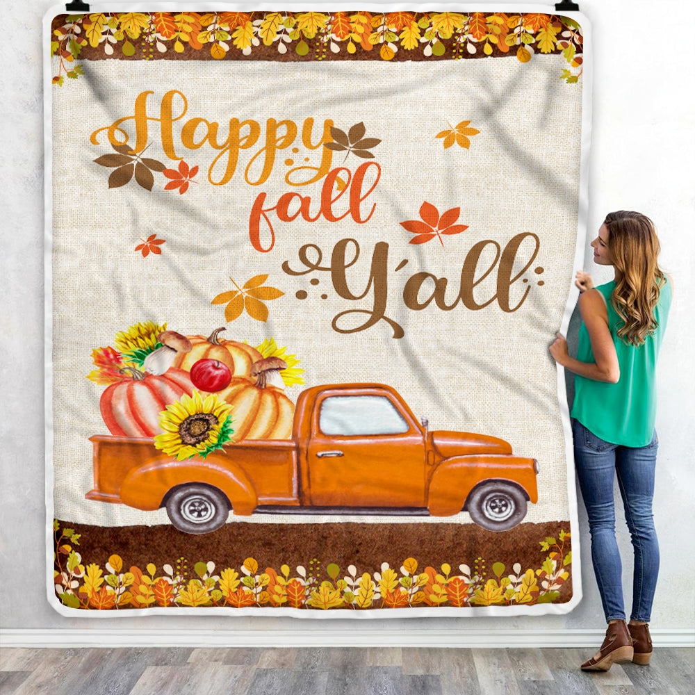 Happy Fall Y'all Autumn Thanksgiving Truck with Pumpkin and Retro Fleece Blanket | siriusteestore