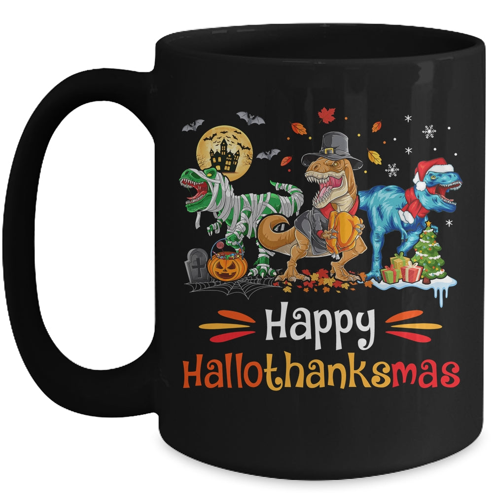 Happy Hallothanksmas T Rex Dinosaur Halloween Christmas Mug | siriusteestore