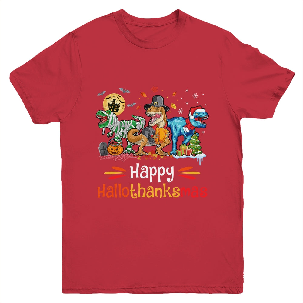 Happy Hallothanksmas T Rex Dinosaur Halloween Christmas Youth Shirt | siriusteestore