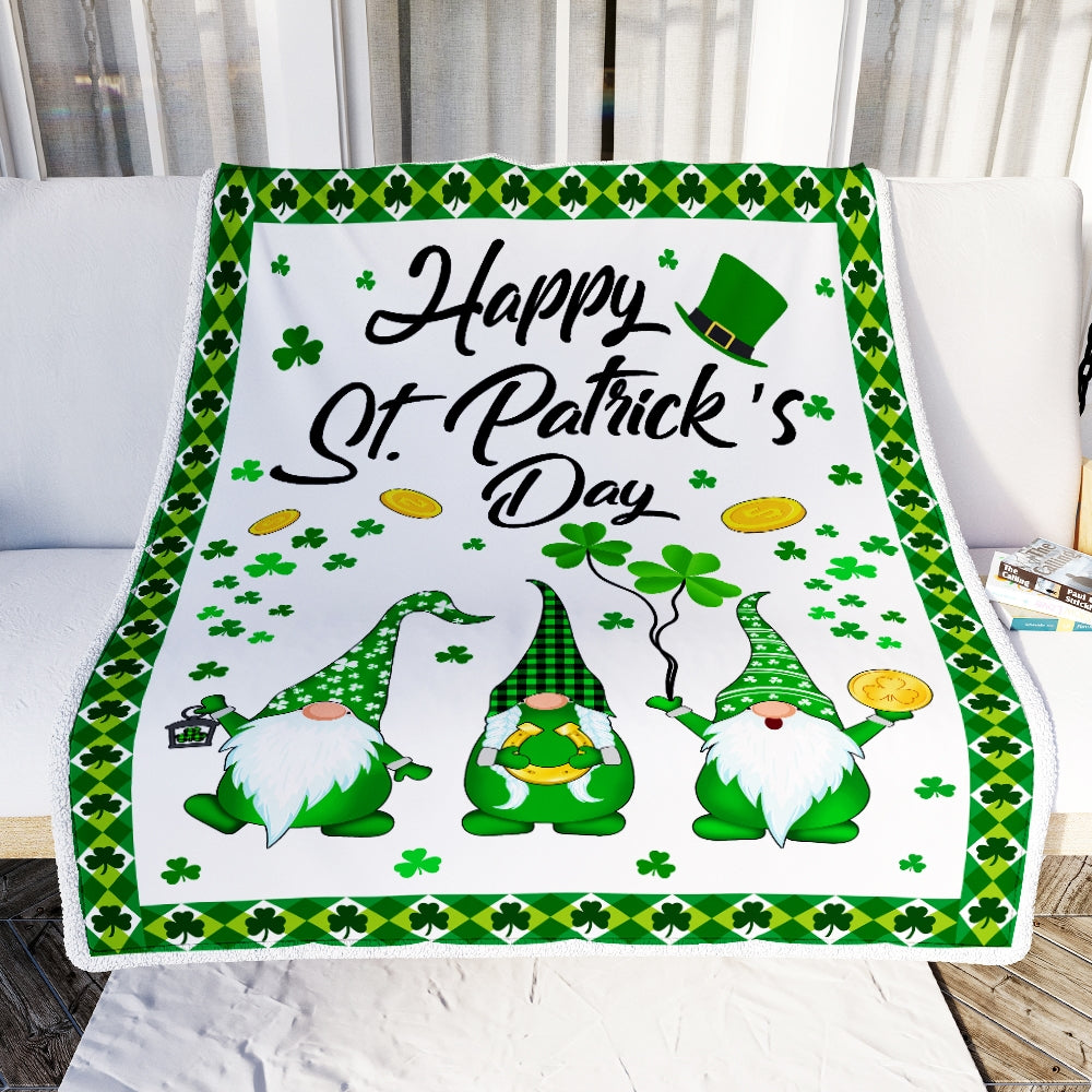 Happy St. Patrick's Day Shamrock Gnome Coins Fleece Blanket | siriusteestore