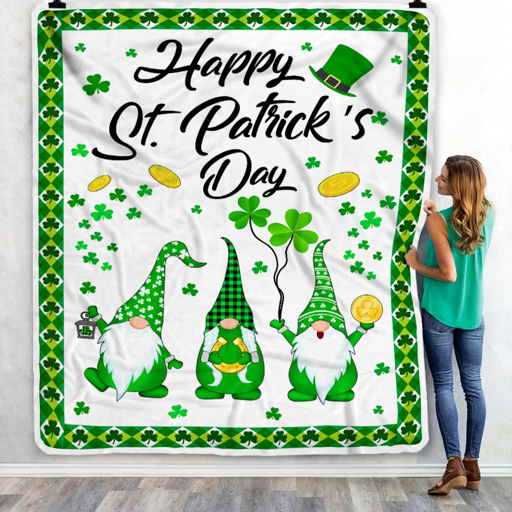 Happy St. Patrick's Day Shamrock Gnome Coins Fleece Blanket | siriusteestore