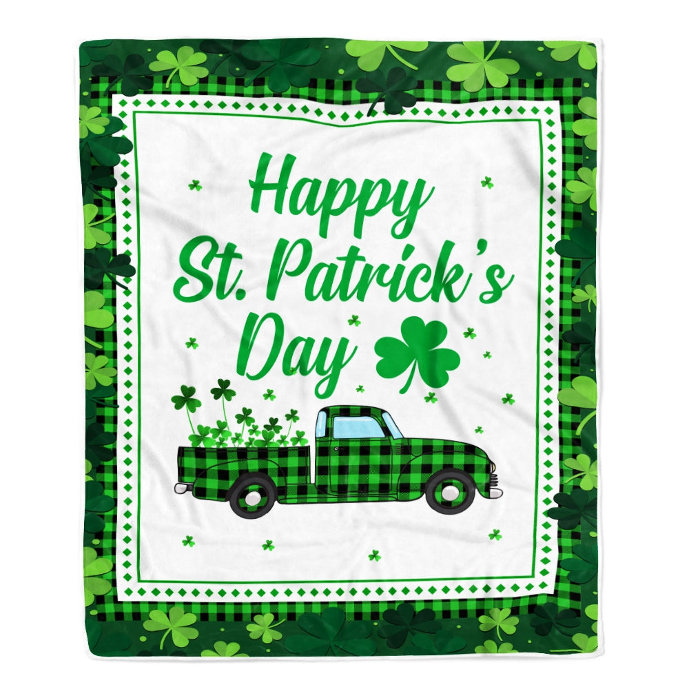 Happy St. Patrick's Day Truck With Green Shamrock Fleece Blanket | siriusteestore