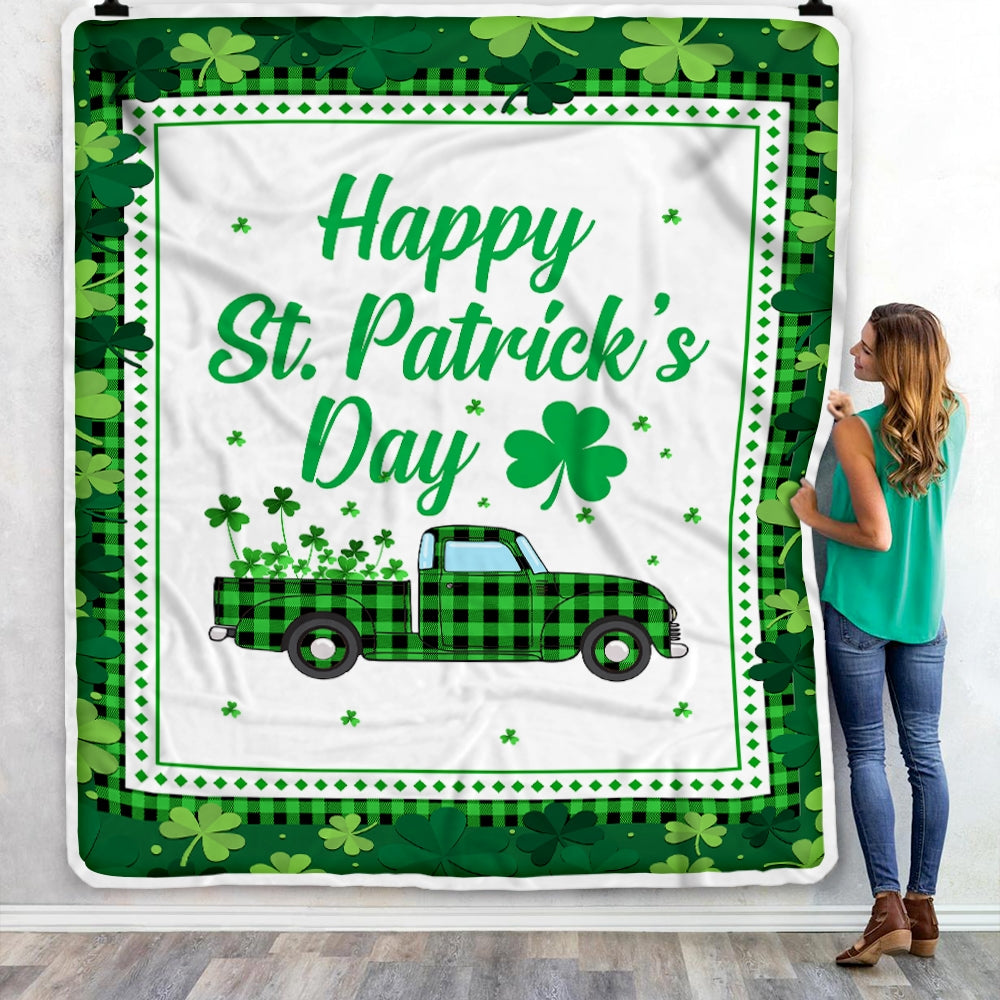 Happy St. Patrick's Day Truck With Green Shamrock Fleece Blanket | siriusteestore