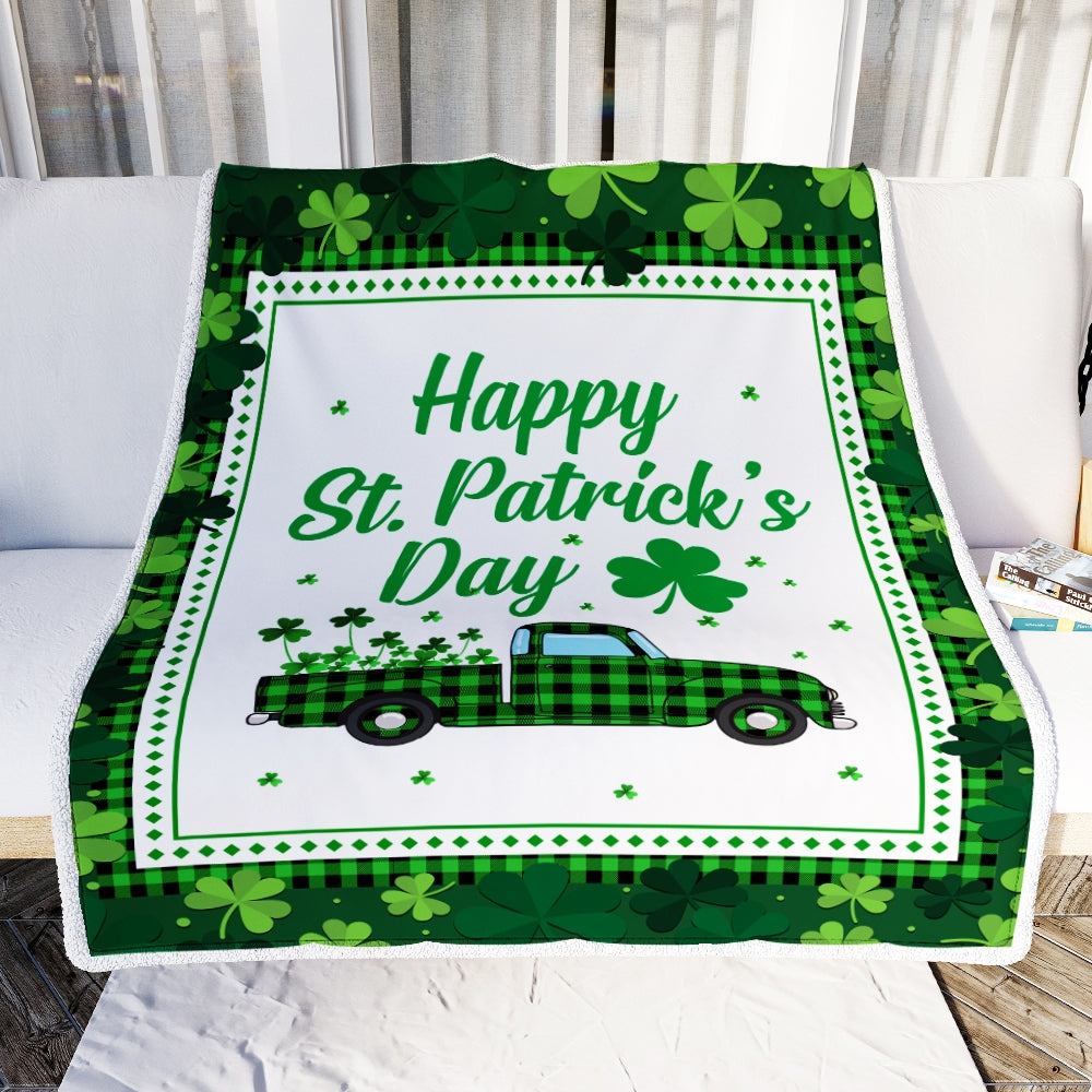 Happy St. Patrick's Day Truck With Green Shamrock Fleece Blanket | siriusteestore