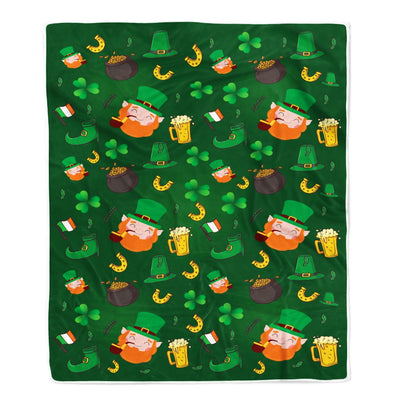 Happy St Patrick's Day Leprechaun Men Gold Coins And Clover Fleece Blanket | siriusteestore