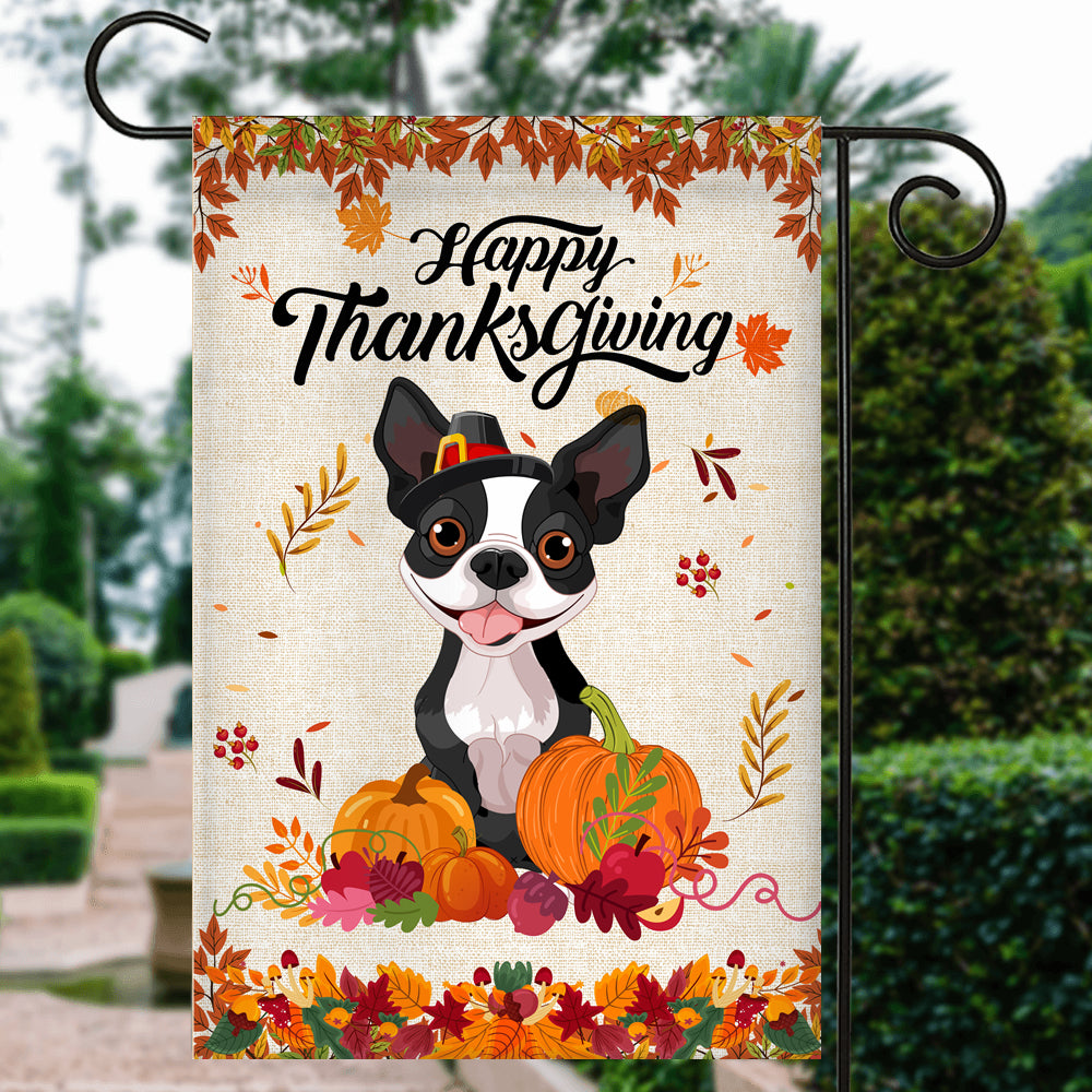 Happy Thanksgiving Funny Boston Terrier Flag Fall Pumpkin Farmhouse Autumn Thanksgiving | siriusteestore