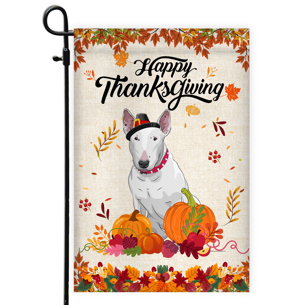 Happy Thanksgiving Funny Bull Terrier Flag Fall Pumpkin Farmhouse Autumn Thanksgiving | siriusteestore