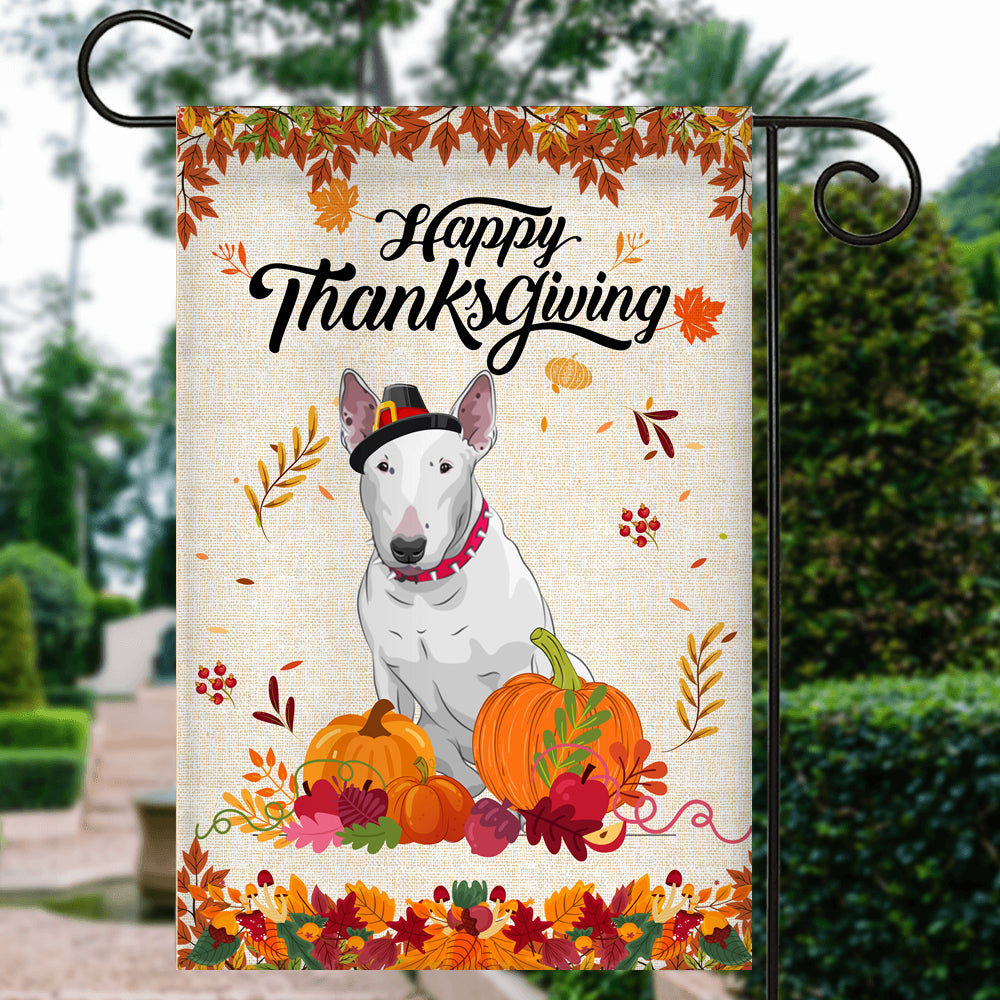 Happy Thanksgiving Funny Bull Terrier Flag Fall Pumpkin Farmhouse Autumn Thanksgiving | siriusteestore