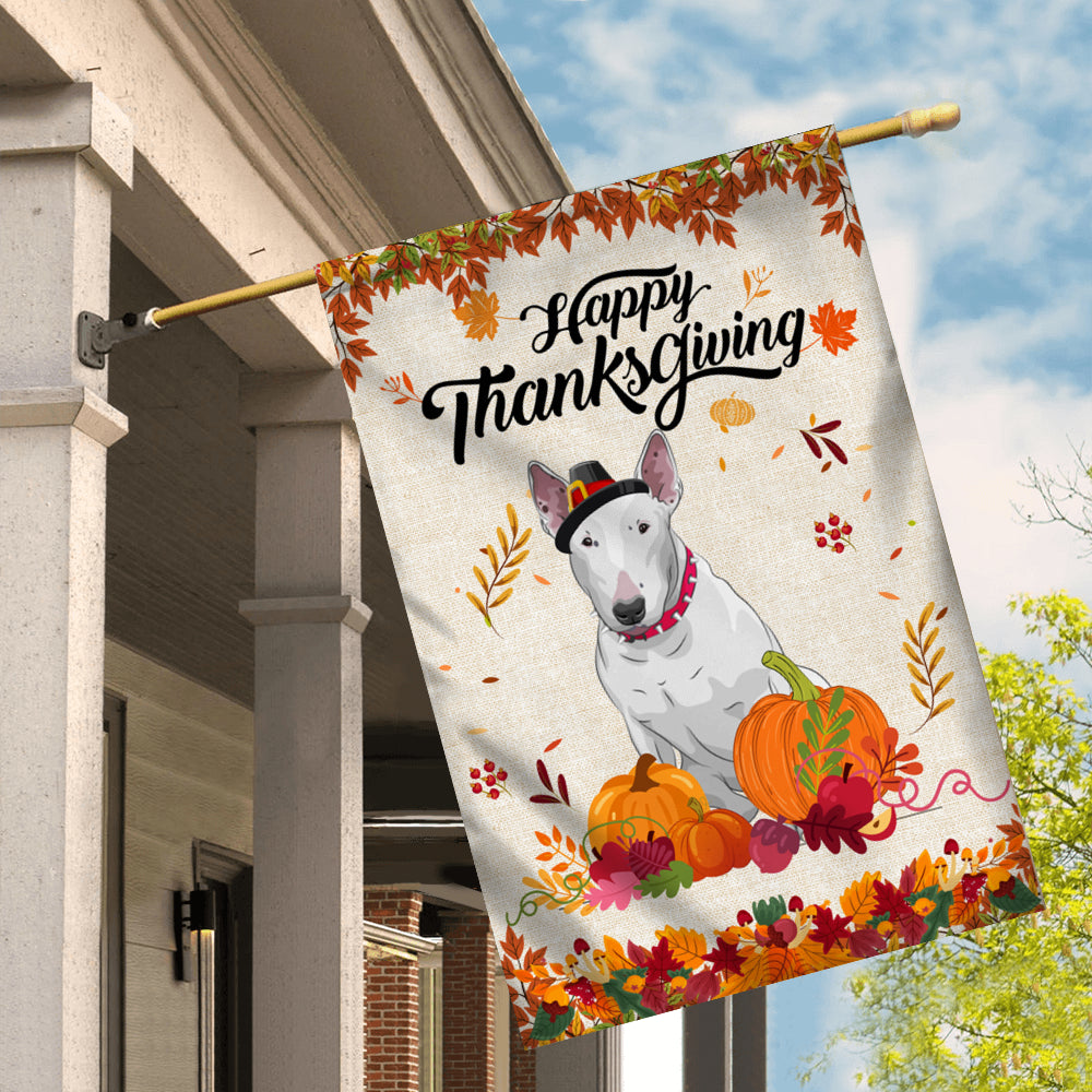 Happy Thanksgiving Funny Bull Terrier Flag Fall Pumpkin Farmhouse Autumn Thanksgiving | siriusteestore
