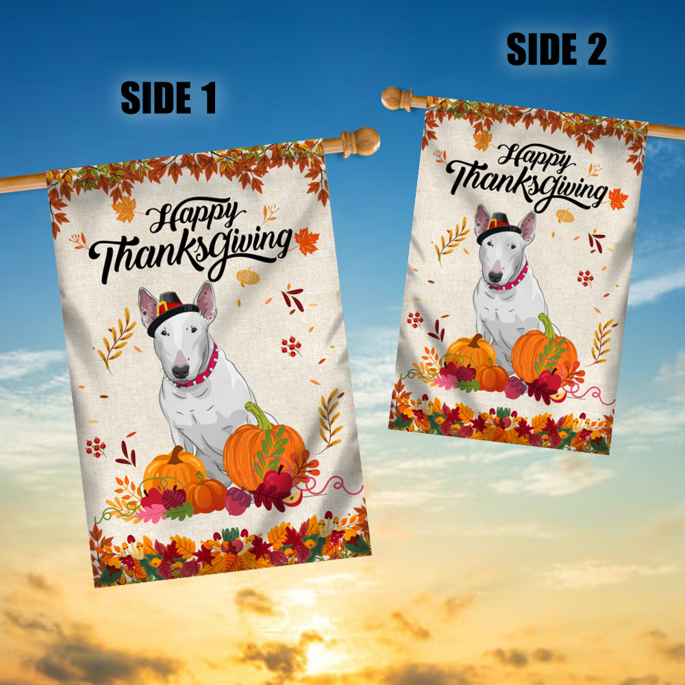 Happy Thanksgiving Funny Bull Terrier Flag Fall Pumpkin Farmhouse Autumn Thanksgiving | siriusteestore