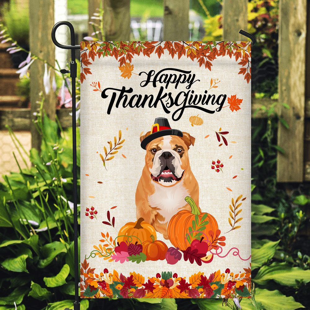 Happy Thanksgiving Funny Bulldog Flag Fall Pumpkin Farmhouse Autumn Thanksgiving | siriusteestore