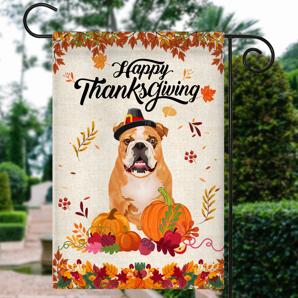 Happy Thanksgiving Funny Bulldog Flag Fall Pumpkin Farmhouse Autumn Thanksgiving | siriusteestore
