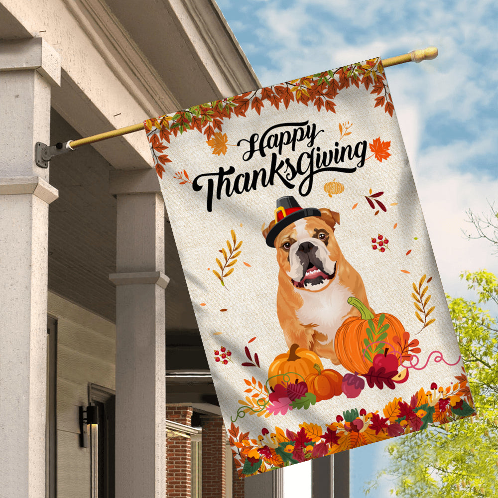 Happy Thanksgiving Funny Bulldog Flag Fall Pumpkin Farmhouse Autumn Thanksgiving | siriusteestore