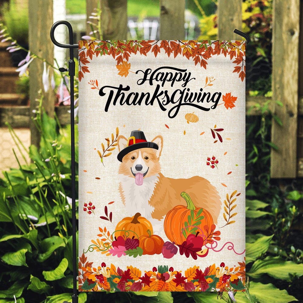 Happy Thanksgiving Funny Corgi Flag Fall Pumpkin Farmhouse Autumn Thanksgiving | siriusteestore