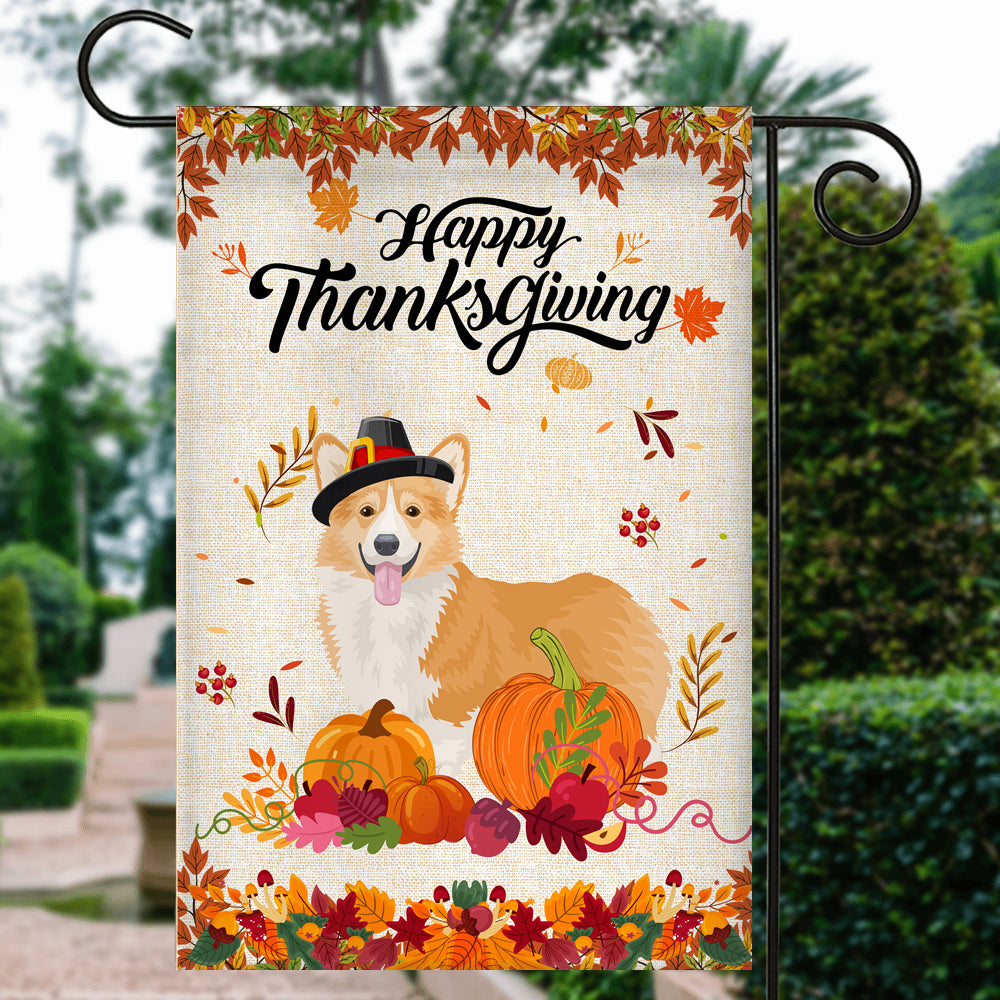 Happy Thanksgiving Funny Corgi Flag Fall Pumpkin Farmhouse Autumn Thanksgiving | siriusteestore