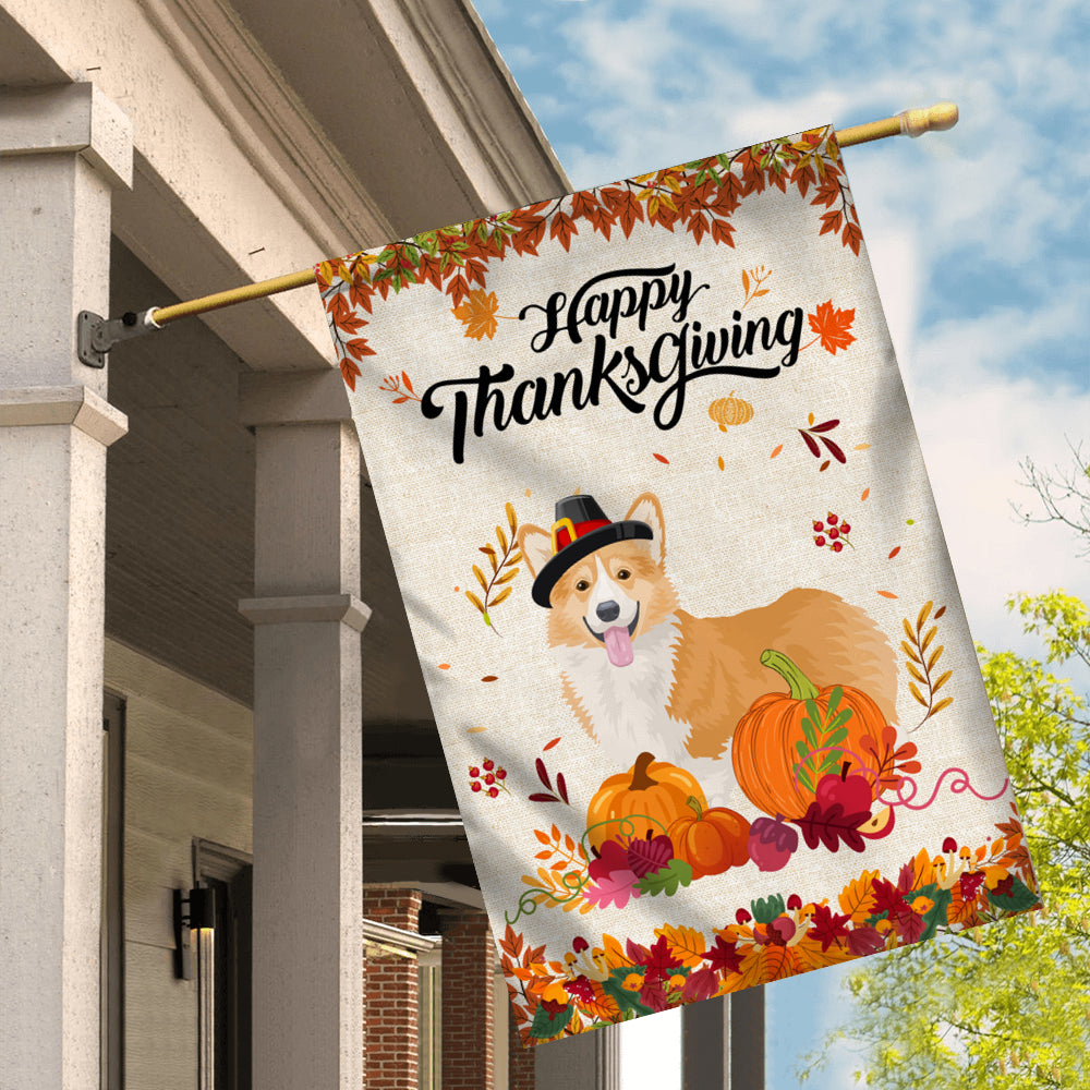 Happy Thanksgiving Funny Corgi Flag Fall Pumpkin Farmhouse Autumn Thanksgiving | siriusteestore