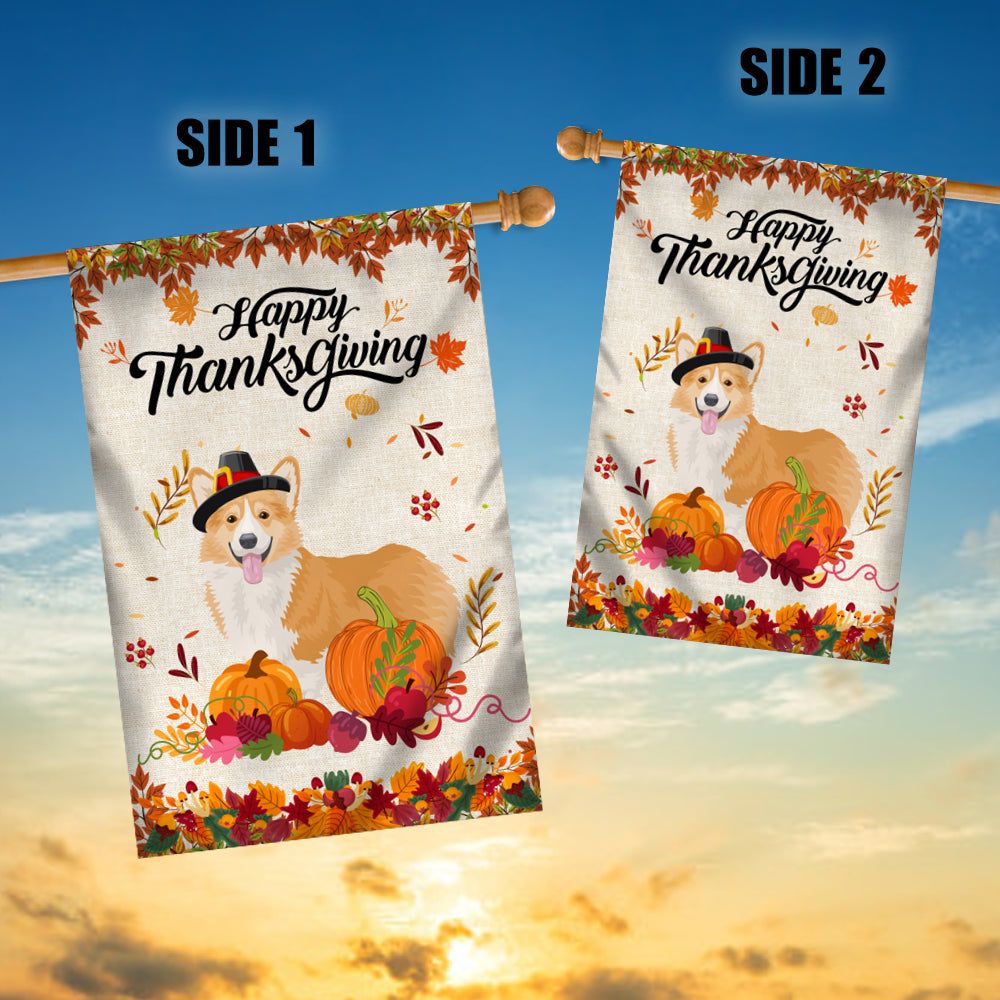 Happy Thanksgiving Funny Corgi Flag Fall Pumpkin Farmhouse Autumn Thanksgiving | siriusteestore